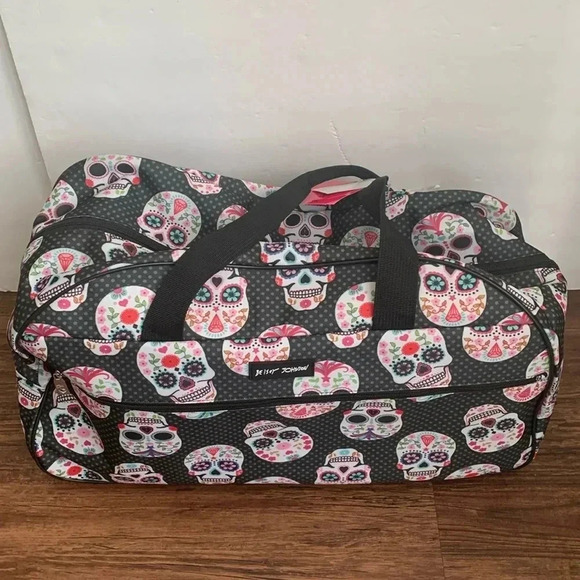 Betsey Johnson Suitcase Carry-On Roller Duffle Bag Skull Party NWT - Picture 1 of 8